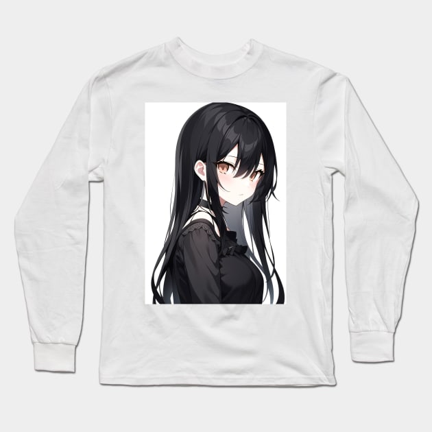 long black hair anime girl Long Sleeve T-Shirt by DeathAnarchy